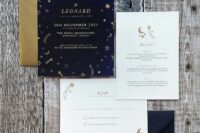 a cool navy, white and gold wedding invitation suite in celestial style, with stars prints and gold tassels is a cool idea