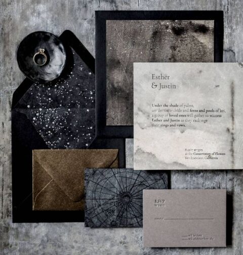 a jaw-dropping grey, black, gold and greige wedding invitation suite with stars, constellations and letterpressing