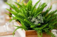 a rustic wooden box centerpiece with fern and some baby’s breath is a cool idea for a rustic wedding