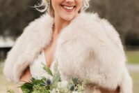 a simple and lovely winter wedding bouquet of white blooms, greenery, evergreens, thistles, pinecones is a beautiful and textural solution for winter