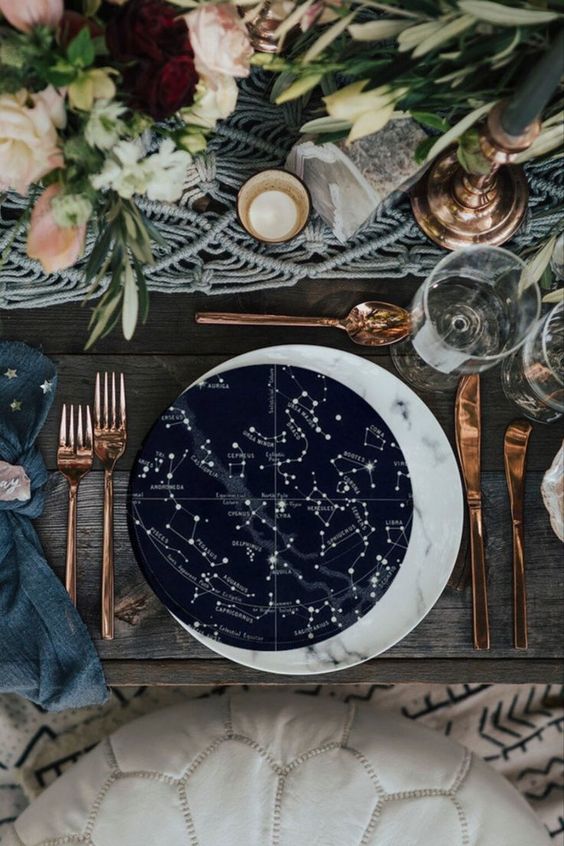 a starry night wedding manu or card is a unique idea for a celestial wedding, here it's done in midnight blue and white