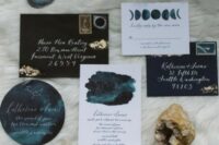 a stylish celestial wedding invitation suite done in navy, teal and with constellations and moon phases