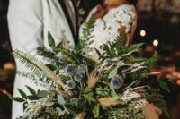 a textural wedding bouquet of fern, pampas grass, allium and some foliage is a fantastic idea with plenty of dimension