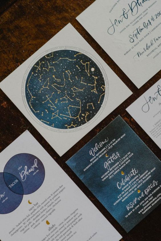 a white and navy wedding invitation suite with gold constellations, calligraphy and half moons is a lovely idea for a celestial wedding