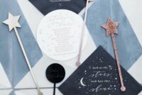 black and white wedding stationery with celestial prints, stars, moons and calligraphy is a lovely idea for a glam wedding