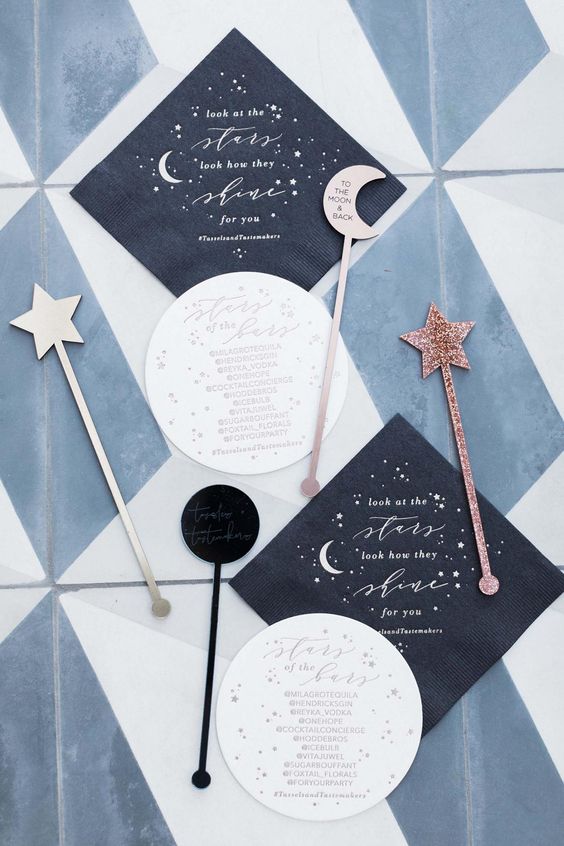 black and white wedding stationery with celestial prints, stars, moons and calligraphy is a lovely idea for a glam wedding