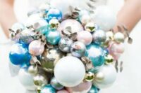 04 a catchy winter wedding bouquet of pink, blue, silver and metallic ornaments plus gilded branches is amazing for a holiday wedding