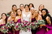 04 beautiful magenta strapless maxi bridesmaid dresses with side slits are amazing for a bright summer or fall wedding