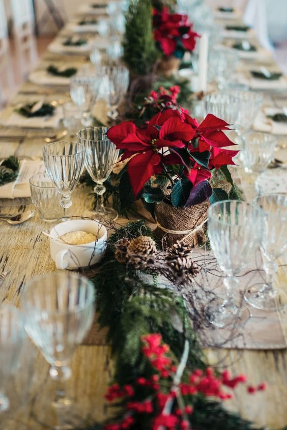 a beautiful Christmas wedding table setting with an evergreen and pinecone runner and potted poinsettias