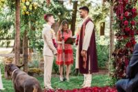 11 a colorful wedding with with burgundy, deep red, hot pink and yellow blooms and textural greenery is a pretty and bold idea