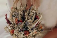 15 a dreamy rustic dried wedding bouquet with allium, roses, wheat, grasses, ferns, baby’s breath and twigs is a great idea for the fall or summer