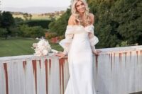 16 a modern romantic off the shoulder plain wedding dress with puff tulle sleeves and a train is a beautiful solution