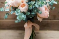 19 a blush peony rose wedding bouquet with eucalyptus and matching ribbons is a lovely and very girlish bouquet idea