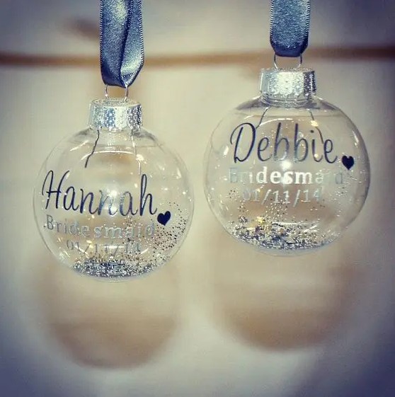 cool sheer personalized Christmas ornaments filled with glitter are lovely and budget-friendly favors