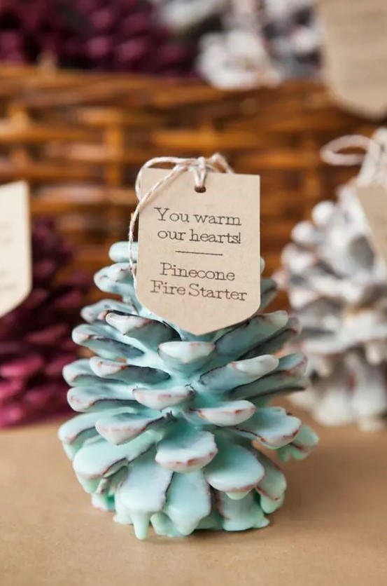 DIY some pinecone fire starters for each guest adding tags and a touch of color - this is awesome for Christmas and NYE