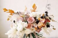 23 a jaw-dropping delicate-colored fall wedding bouquet of white, pink, rust blooms and fall-colored leaves and ribbons is very chic