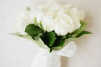 26 a small white rose and leaf wedding bouquet like this one is timeless classics for every bride and it will fit many bridal outfits