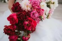 27 a bold cascading wedding bouquet from white and light pink to pink, red and burgundy is a breathtaking idea
