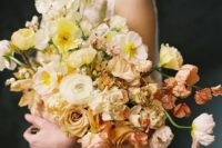28 a beautiful ombre wedding bouquet from white to yellow, coffee-colored and dusty pink blooms including roses and poppies