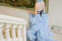 28 a fabulous blue A-line wedding dress with a ruffle collar and a ruffle tier skirt with a train plus black sashes