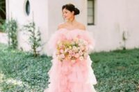 29 a dreamy pink off the shoulder tulle ruffle wedding dress is a gorgeous idea for a super sweet bridal look