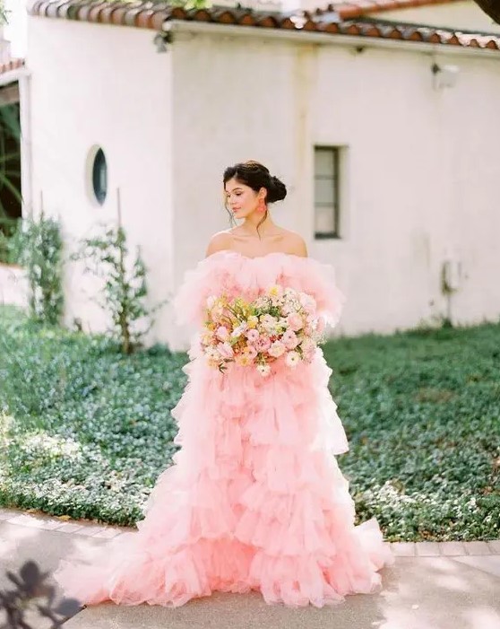 a dreamy pink off the shoulder tulle ruffle wedding dress is a gorgeous idea for a super sweet bridal look