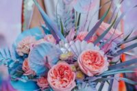 30 an amazing iridescent wedding bouquet with pink, blue, lilac blooms, grasses and fronds and with iridescent elements is wow