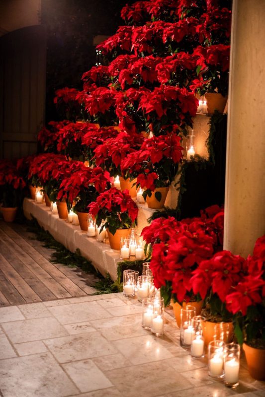 bold Christmas wedding decor with red poinsettias in planters and pillar candles plus evergreens is a lovely idea