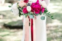 32 a lovely wedding bouquet of fuchsia peonies, white and blush ones, with long burgundy and blush ribbons is amazing