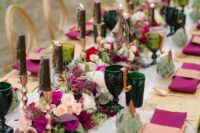 42 an exquisite wedding tablescape with neutral and magenta blooms, black candles, greenery glasses and magenta napkins is amazing for woodland locations
