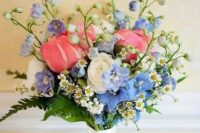 49 a dreamy wedding bouquet with pink and blue flowers, daisies, ferns is a chic and beautiful idea for spring