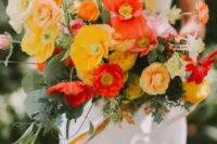 50 a fantastic colorful wedding bouquet of white, peachy, yellow, red poppies and greenery and long ribbon is amazing for summer