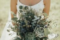 68 a fantastic greenery wedding bouquet with succulents, thistles and eucalyptus plus grasses for a woodland wedding