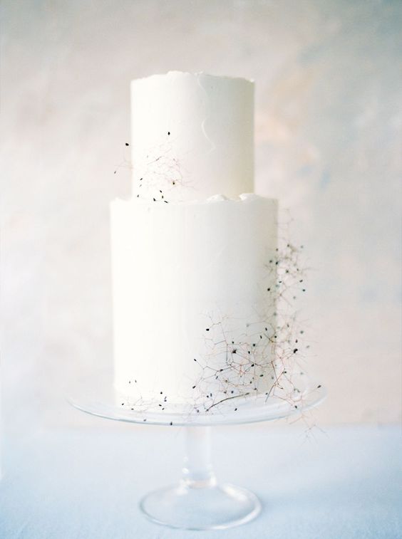 a minimalist white wedding cake with a texture decorated with a bit of black branches and berries is a cool idea