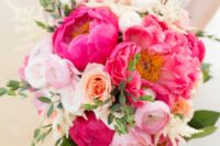 07 a bold pink wedding bouquet of white, light and hot pink blooms and greenery is an amazing idea