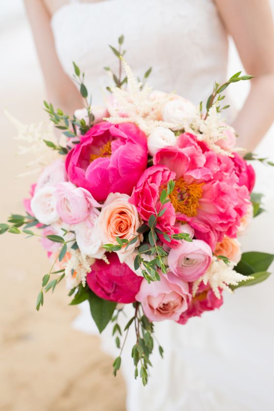 a bold pink wedding bouquet of white, light and hot pink blooms and greenery is an amazing idea