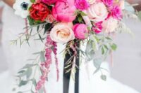 14 a fantastic wedding bouquet of hot pink peonies, blush roses, white anemones, astilbe and lots of textural greenery plus black ribbons