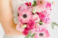 15 a hot pink wedding bouquet with greenery is a gorgeous idea for a berry-hued or pink wedding