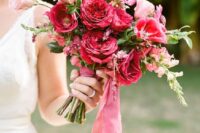 15 a vibrant wedding bouquet with pink and fuchsia and red blooms and berry-hued ribbons is amazing for a bold wedding