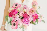 16 a lovely blush and hot pink wedding bouquet with greenery and long green ribbon hanging down is ideal for a Valentine wedding