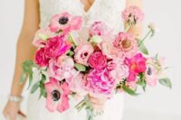 17 a lovely blush and hot pink wedding bouquet with greenery and long green ribbon hanging down is ideal for a Valentine wedding