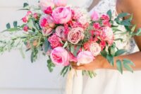 18 a pink wedding bouquet of roses, peony roses and carnations plus greenery is a gorgeous idea for a bold wedding