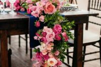 41 a cool pink wedding table runner with light and hot pink blooms and greenery is a lovely idea for styling your wedding in pink