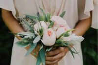45 a small and cool wedding bouquet of blush peonies, lavender, bunny tails and greenery is a catchy idea for a spring or summer bride
