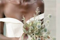 51 a tiny and pretty wedding bouquet composed of grasses, dried allium and leaves plus blush ribbon is jaw-dropping