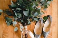59 a eucalyptus wedding bouquet with neutral ribbons is a gorgeous idea for any casual and modern wedding