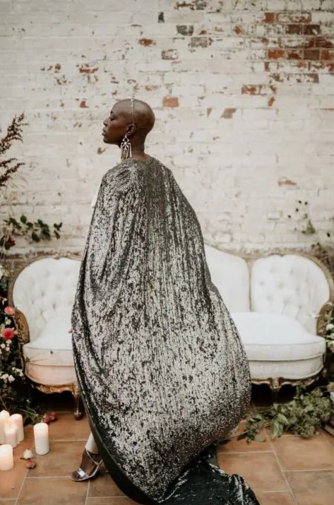 a long black sequin bridal cape is a lovely and very glam idea for a winter bride and not only