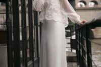 a minimalist plain slip wedding dress with a sheer and lace applique dress topper with long sleeves are a lovely combo