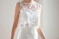 a plain two-piece wedding dress with a sleeveless lace applique dress topper for a more eye-catchy look