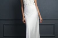 a silk slip wedding dress with a sheer and lace applique dress topper that adds texture and interest to the look